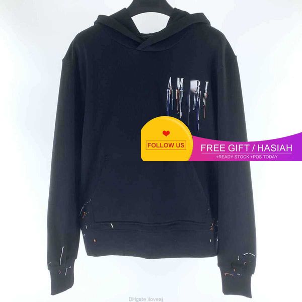 Designerkleidung Herren Amires Am Hoodies Trendy Amies Speckle Pigment Dropping Letter Hooded Black Bodysuit Springsummer