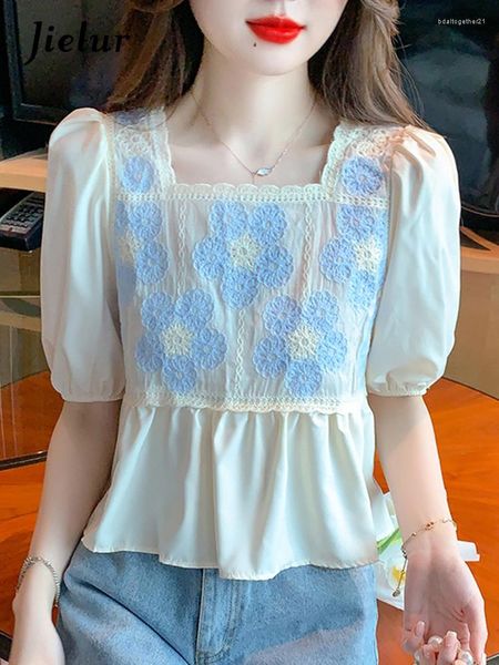 Frauen Blusen Zauber Farbe Blau Stickerei Weibliche Square Neck Puff Sleeve Chiffon Rüschen Frauen Bluse Casual Streetwear Outfits