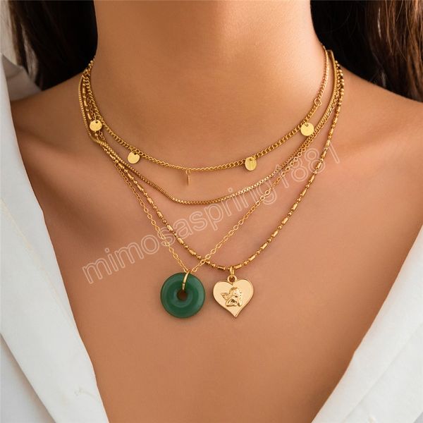 4 pezzi/set collana con pendente con fibbia della pace in stile cinese vintage per le donne, accessori per gioielli Y2K con catena di paillettes a forma di cuore d'amore creativo