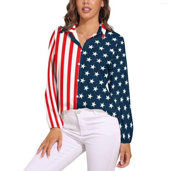 Blusas femininas dois tons blusa despojada bandeira americana estrelas e listras streetwear solto manga longa camisa de trabalho de escritório roupas de design