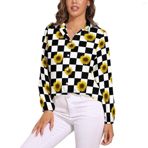 Camicette da donna Camicetta con stampa girasole Camicie casual femminili a quadretti in bianco e nero con grafica kawaii Abiti estivi a maniche lunghe oversize