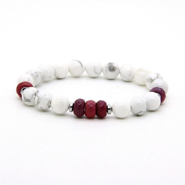 Casais unissex joias inteiras 10 peças lote 8mm branco howlite mármore fogo ágata pedra distância amantes sorte pulseiras2765