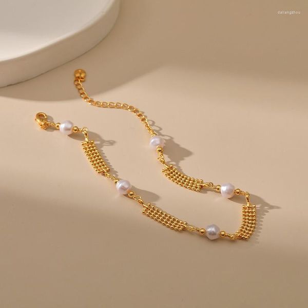 Cavigliere Minar Design unico Ottone placcato oro reale 18 carati Perla d'acqua dolce genuina Cintura larga e robusta per gioielli da donna