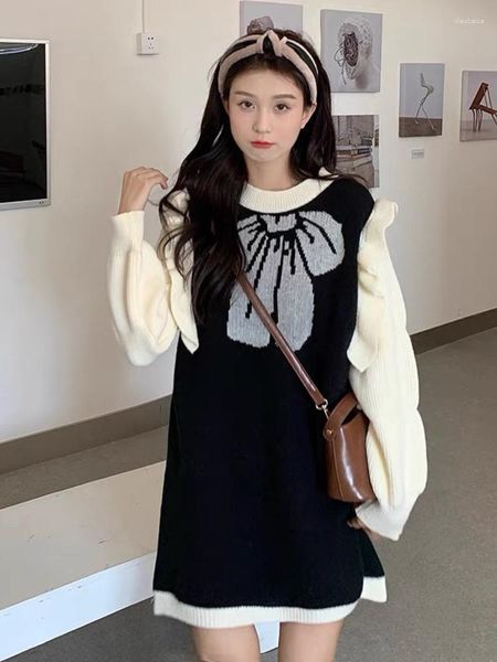 Lässige Kleider Deeptown Kawaii Nette Schleife Minikleid Frauen Koreanische Mode Süße Rüschen Patchwork Langarm Schwarz Weiß Gestrickte Herbst