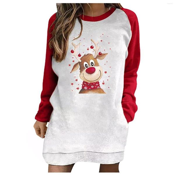 Hoodies femininos moda natal casual camisola outono inverno manga longa senhoras dos desenhos animados elk impressão saco hip vestido bolso com capuz