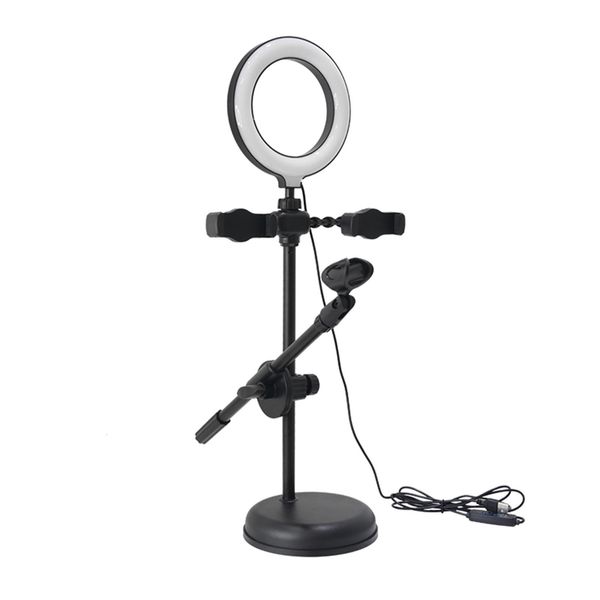 Accessori per studio di illuminazione Supporto per microfono Anello luminoso con telefono Doppia clip Base rotonda Supporto per microfono LED Selfie per fotocamera Pografia Video 230908