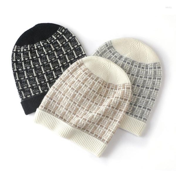 Berretti Cappello di Inverno Delle Donne 2023 di Lusso Cashmere Puro Berretti Lavorato A Maglia Caldo Morbido Y2K Moda Cofano HIP HOP Colore Lucido Skullies Cap uomini