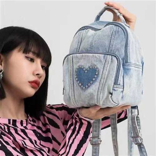 Mochila Love Diamond Mini Wash Denim Vertical Casual Moda Mochila Extrovertida 230904