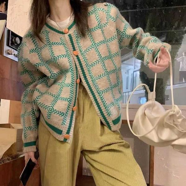 Deeptown Koreanischen Stil Karierten Pullover Strickjacke Frauen Harajuku Mode Oversize Grün Plaid Gestrickte Top Streetwear Elegante Jumper