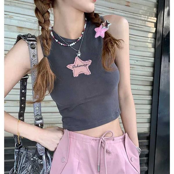 Deeptown American Vintage Star Canotte grigie Donna Kpop Streetwear Magliette estive senza maniche slim Y2k Harajuku Crop Top donna