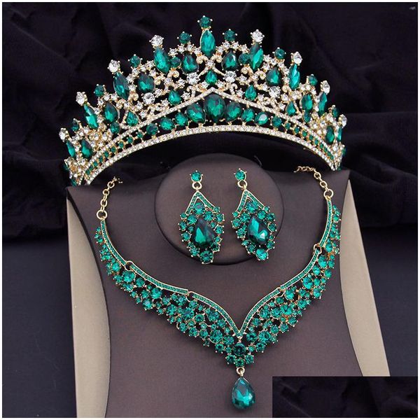 Conjuntos de jóias verde cristal coroa colar brinco luxo nupcial para mulheres baile tiaras noiva dubai 230216 entrega de gota dh9wz