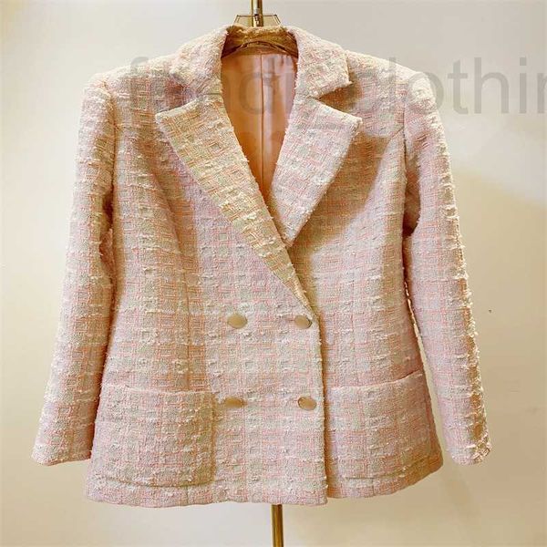 Giacche da donna firmate stile francese autunno/inverno nuovo prodotto risvolto rosa vestibilità slim cappotto doppio petto in tweed di media lunghezza per l'imperatore stile donna