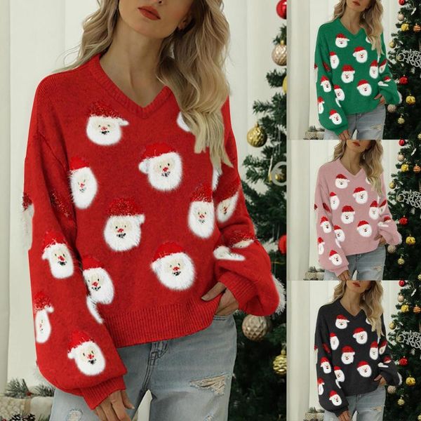 Damenpullover mit Kapuze, Sweatshirt für Damen, weihnachtlicher Strickpullover, süßes Weihnachtsmann-Kopf-Muster, Rundhalspullover, elegante Sweatshirts