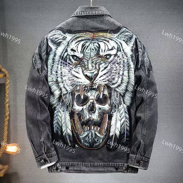 Gestickte Schädeljacke Jacke Herren Frühherbst Europäische Station Tide Marke Pailletten Tiger Hip-Hop Slim Denim Shirt Männer Plusgröße 8xxxxxxl