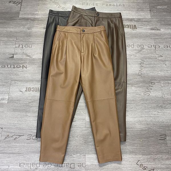 Pantaloni da donna Julypalette 2023 Autunno Inverno Donna Vera pelle a vita alta alla caviglia Chic Office Ladies Pantalone dritto in pelle di pecora