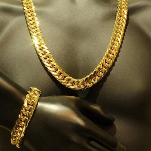 Conjunto de corrente e pulseira de elos cubanos grossos masculinos com acabamento preenchido em ouro amarelo 24k 1,0 cm de largura, 24 polegadas e 9 polegadas263M