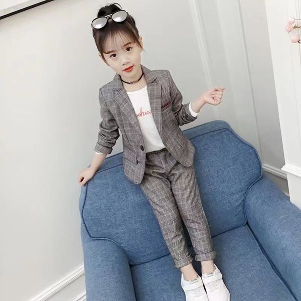 Abiti da ragazza di moda 2023 Autunno Inverno Top Gonna Top Pantalone Bambino bambini Formale Adolescenti Giacca scozzese Blazer Abbigliamento per bambini R230814