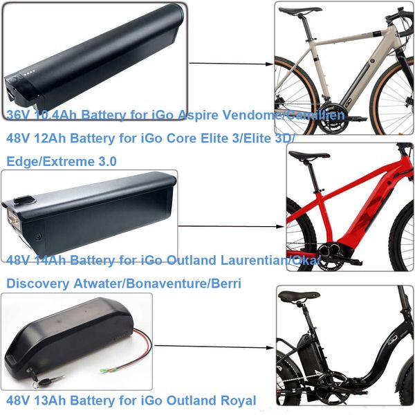 Ebike Çerçeve Lityum Bataryası 36V 10.4AH 48V 12AH 14AH IGO Aspire Vendome Camillien Core Elite 3 Edge Outland Oka Discovery