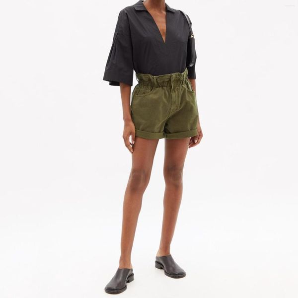 Frauen Shorts Rüschen Design Elastische Hohe Taille Temperament Freizeit Lose Breite Bein EIN Wort Hosen Baumwolle Armee Grün 2023 herbst