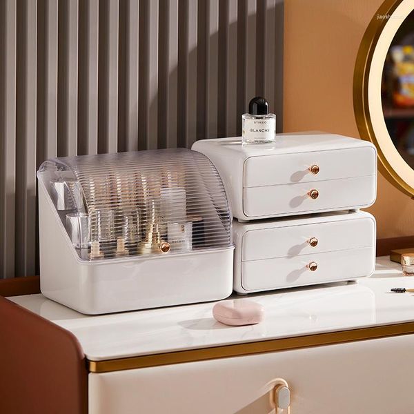 Caixas de armazenamento caixa de maquiagem cosméticos penteadeira à prova de poeira armário de cuidados com a pele desktop rack gaveta mesa deocr