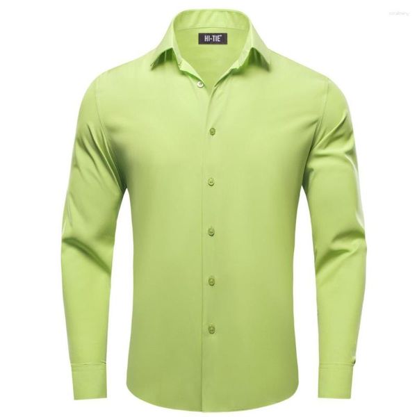 Camisas casuais masculinas Hi-Tie Chartreuse Seda Verde Mens Lapela Sólida Manga Longa Blusa Masculina Terno Camisa para Negócios de Casamento Respirável