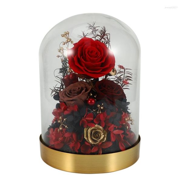 Декоративные цветы Роза в стекле Зачарованный купол Черное деревянное основание Подарки на вечеринку ко Дню святого Валентина Свадебный подарок для нее