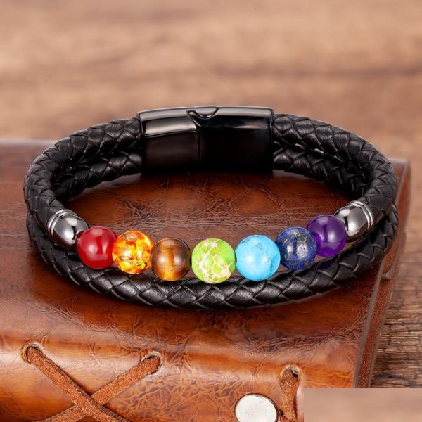 Braccialetti con ciondoli Chakra Bracciale da uomo 7 colori Natural Yoga Healing Stone Beads Nero Vera pelle Hommes Pseras Gioielli Regali Drop De Dhlb2