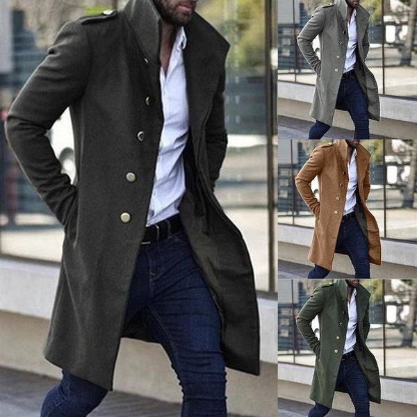 2020 casaco trench masculino casaco fino cor sólida selvagem gola de pé único breasted longo trench homem casual overcoat274y