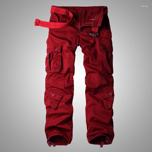 Мужские брюки, осенний корейский стиль, винно-красный хлопковый комбинезон, мужские повседневные свободные брюки-карго с несколькими карманами на возраст 28–42 лет
