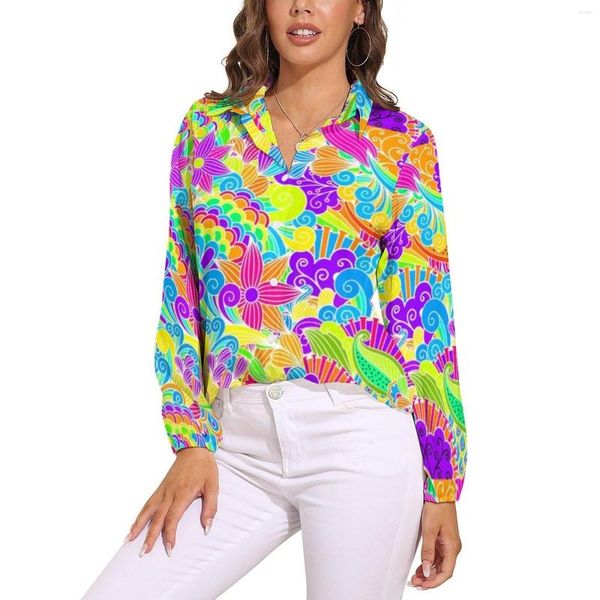 Damenblusen, Retro-Bluse mit leuchtenden Blumen, Hippie-Design, trendiges, individuelles Damen-Freizeithemd, Frühlings-Langarm-Übergroßes Oberteil