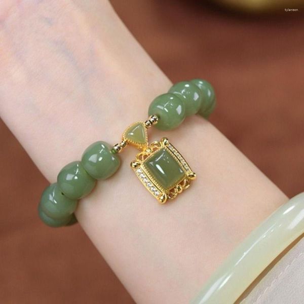 Strang Retro Gold Farbe Quadrat Anhänger Runde Jade Perlen Armband Für Frauen Mädchen Exquisite Charme Hand Ringe Schmuck Zubehör geschenk