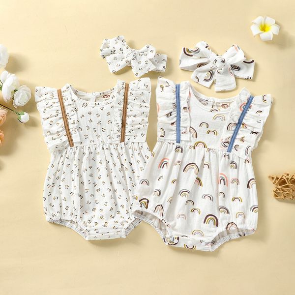 Macacão estilo verão pequeno floral arco-íris impressão sem capuz fivela macacão lenço de duas peças conjunto infantil menina roupas de inverno 230907