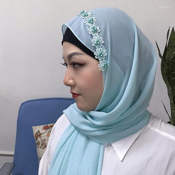 Abbigliamento etnico 1 pezzo Hijab di pizzo Lungo pianura Chiffon Hijab Wrap Sciarpa musulmana Turbante Foulard Perle Scialli