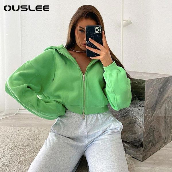 Damen Hoodies OUSLEE Frauen Herbst Winter Grün Langarm Streetwear Reißverschluss Sweatshirt Mäntel Lose Übergroße Crop Top Kurze Jacken