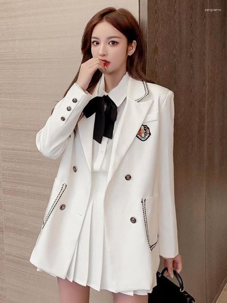 Vestido de duas peças unxx mulheres estilo universitário terno de três peças conjunto gravata borboleta camisa blazer saia plissada uniforme feminino branco