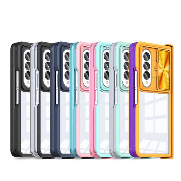 Şeffaf Doku Kristal Metal CD Dokulu Cep Telefon Kılıfı Samsung Fold4 Sürgülü Pencere TPU PC 2-1 arada Toz Koruma Çantası