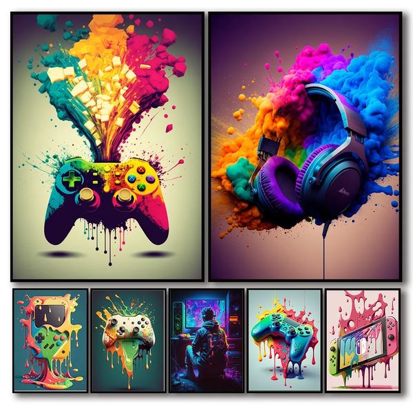 Colorido controlador de jogo arte da parede poster imprime imagem estética nórdica pintura em tela jogos menino casa sala estar decoração cyberpunk fone de ouvido l01