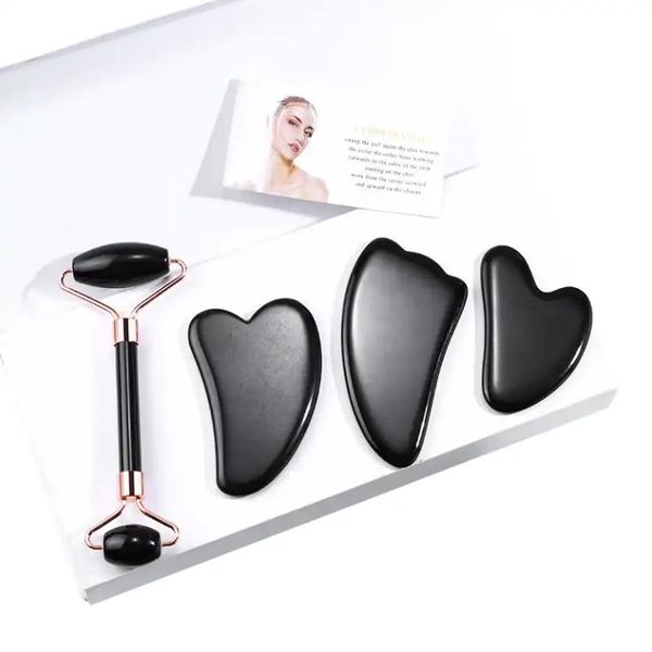 Rolo de jade para face gua sha massager ferramenta conjunto preto obsidiano cuidados com a pele ferramentas faciais