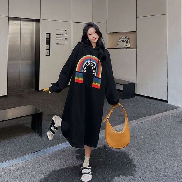 Корейский большой толстый плюшевый утолщенный свитер мм, женское длинное платье с капюшоном, зимнее свободное тонкое платье с разрезом