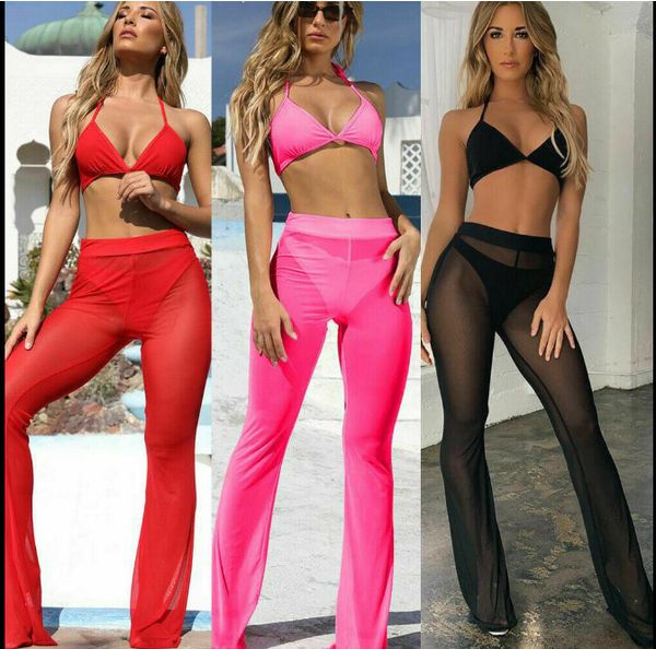 Hot Sexy Women's Pants & Capris Beach See-through Mesh High Waist Elastic Sheer Wide Leg Pants Trousers Bikini Cover Up S-XL