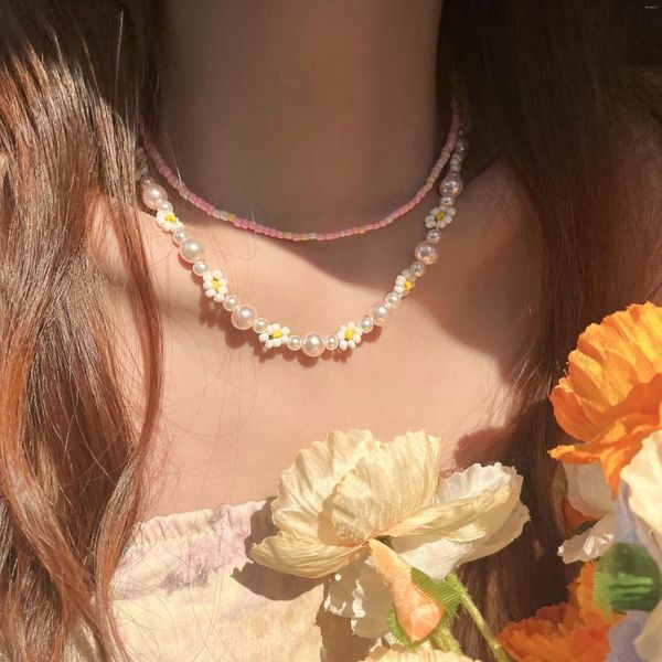 Halsband Süße Mädchen Rosa Perlen Blume Doppel Halskette Für frauen Sommer 2023 Schmuck Temperament Schlüsselbein Kette