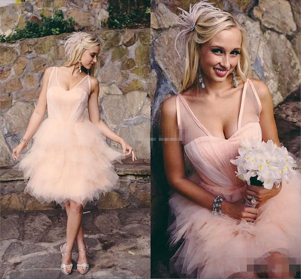 Blush Tulle Abiti da festa Scollo a V Maniche ad aletta Ruffles Lace Up Abiti estivi da ritorno a casa con perle Laurea da cocktail 2023