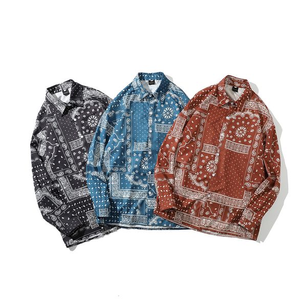 Camisas casuais masculinas homens primavera verão impressão bandana camisa manga longa streetwear topos hip hop roupas moda design camisa homem 230907