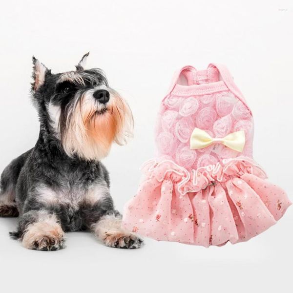 Abbigliamento per cani Abito da principessa per animali domestici Senza maniche con volant Modello rosa Bowknot Chiffon Carino Primavera Estate Piccoli vestiti per cuccioli