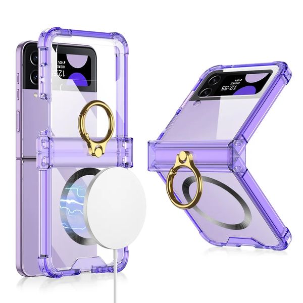 Designer-Gehäuse für Samsung Galaxy Z Flip 4 3 5 Wireless Charging Case Magnet Galvanisierter transparenter Ringhalter Klappscharnierabdeckung