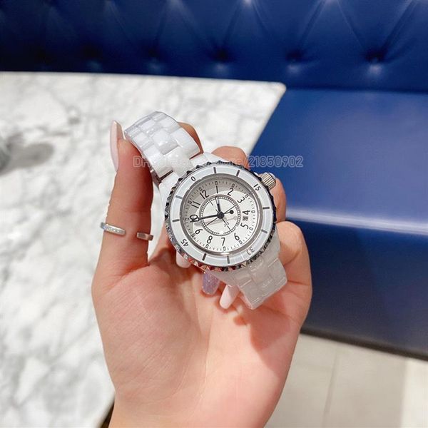 Coco pulseira de cerâmica branca feminina, relógio de quartzo com design de moda, relógios de pulso femininos, relógios perfeitos, mostrador de número árabe, girl258k