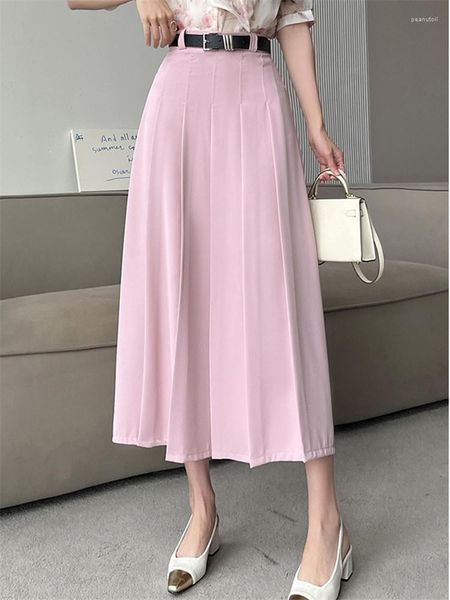 Saias cintura alta mulheres coreanas plissadas midi com cinto 2023 primavera verão elegante escritório senhora guarda-chuva feminino