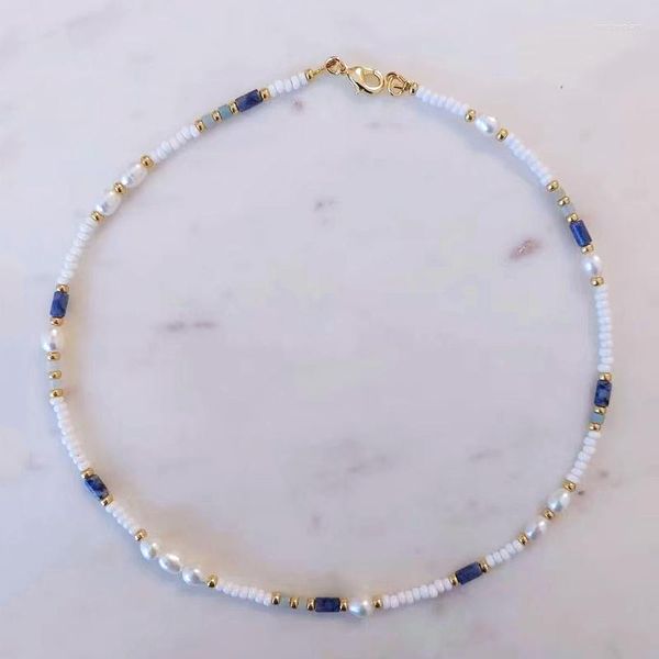 Girocollo 2023 Estate Design Creativo Perle di Riso Bianco Lapis Lazuli Mix Collana Uomo Donna Moda Squisita Collare di Pietra Naturale