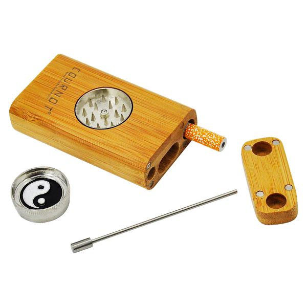 Cournot conjunto de fumaça de tabaco de bambu natural, caixa de bambu com mini moedor, limpador de cachimbo de metal, cerâmica, um rebatedor 3 em 1, dugout ll