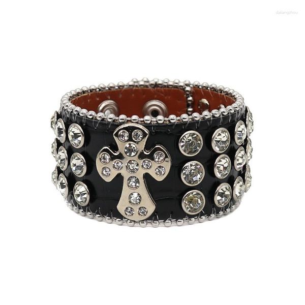 Bracciale accessorio con crocifisso in cristallo nero, comodo polso, decorazione, stile gotico Y2K, braccialetti con strass occidentali in pelle PU
